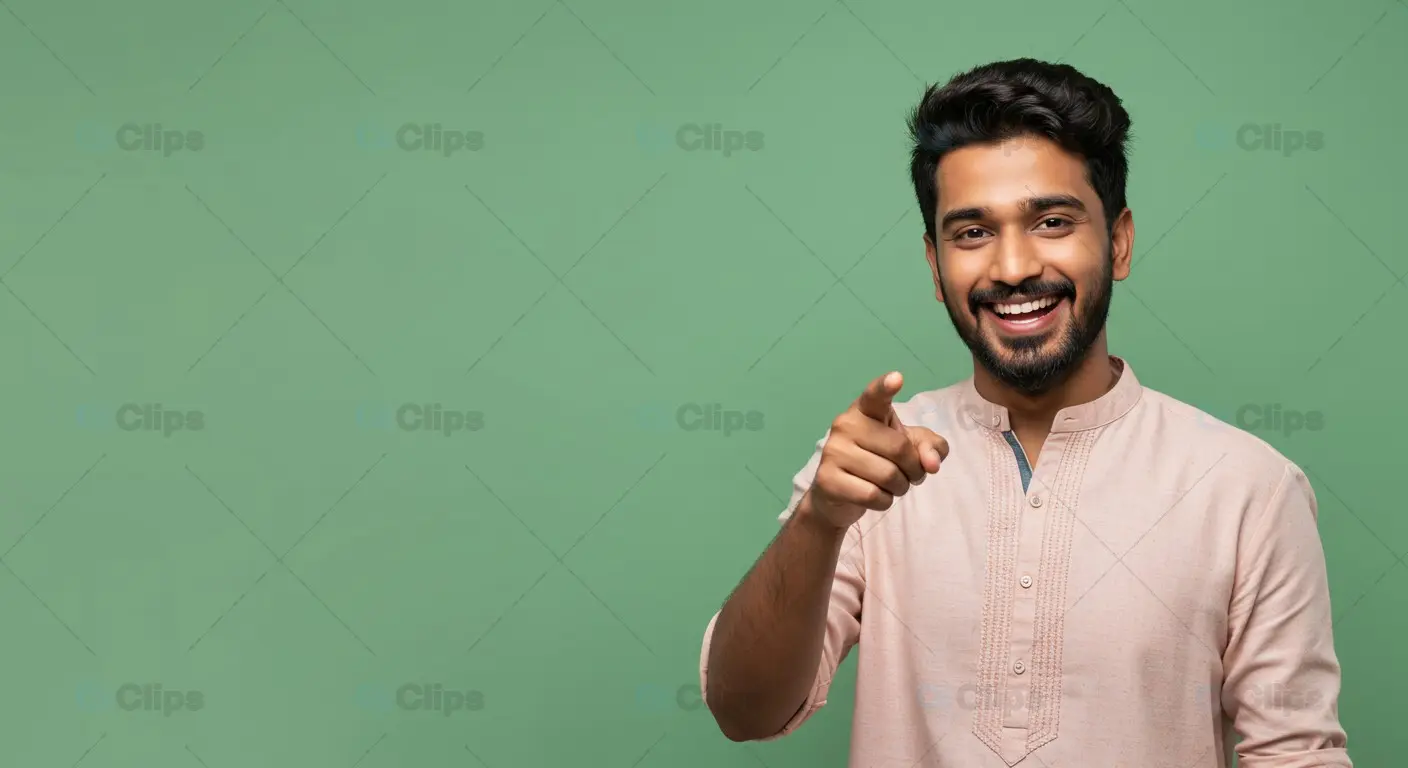 Joyful Male Figure Indicates Direction on Spring Background