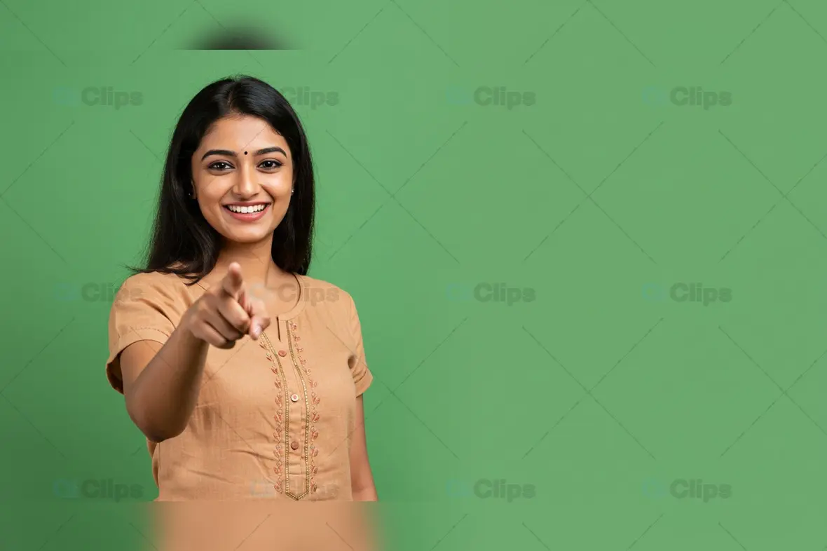 Woman with a Smile Pointing on a Lush Green Background