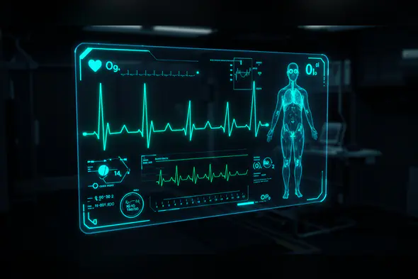 Advanced Futuristic Medical HUD with Human Anatomy and Vital Sign Monitor