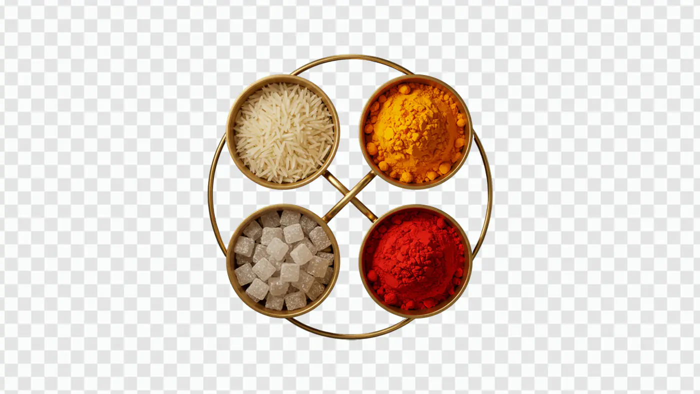 Puja Samagri PNG Clipart with Kumkum, Haldi, Rice, and Mishri in Brass Bowls