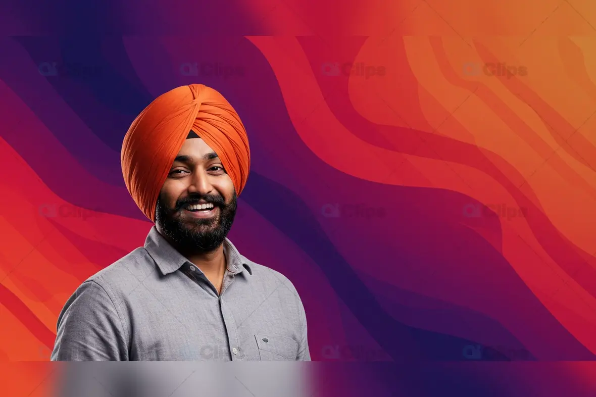 Smiling Sikh Man in Casual Attire with Vibrant Background
