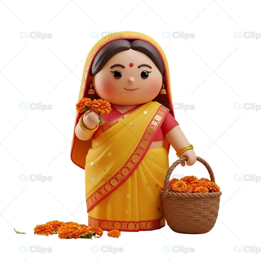 Traditional Indian Woman 3D Illustration with Marigold Flowers