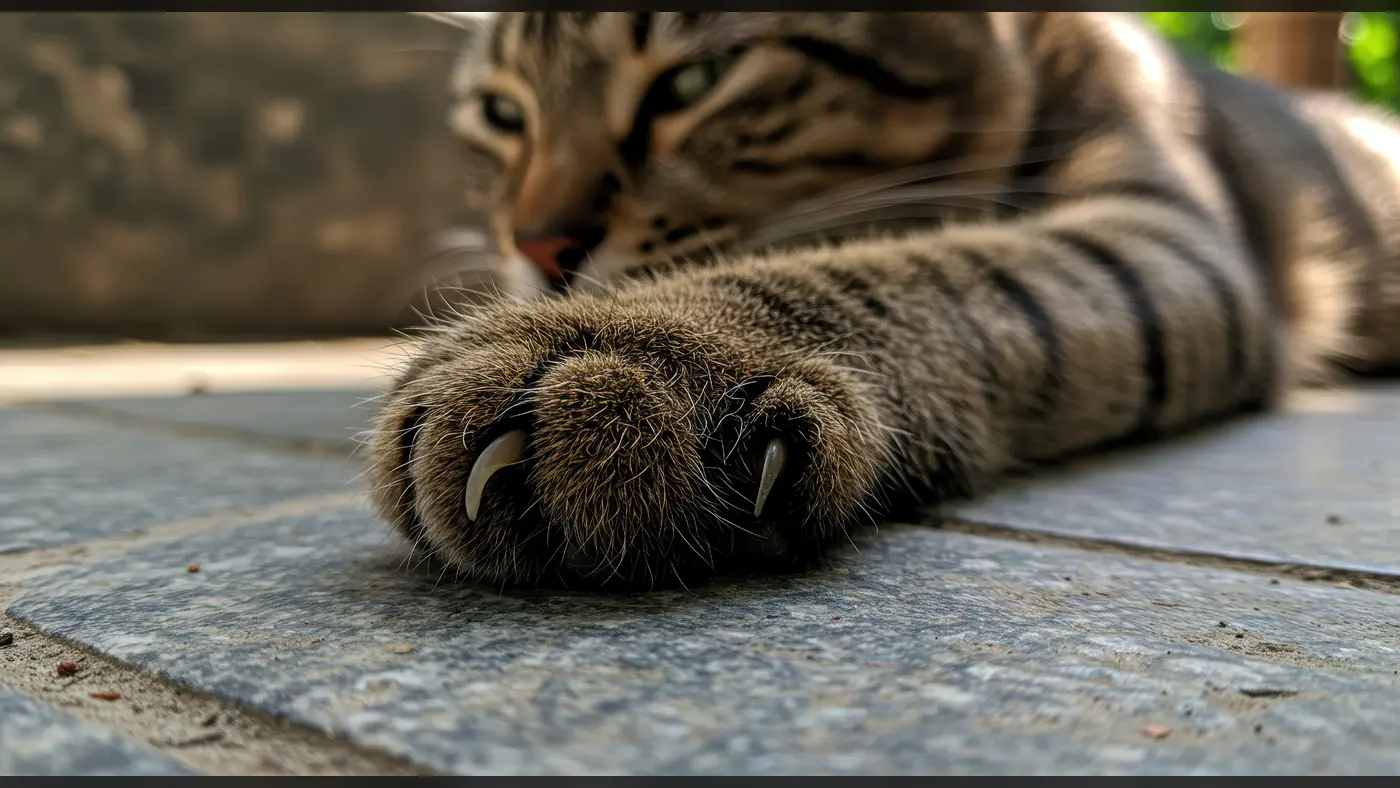 Close-Up of Cat Paw with Sharp Claws Extended on Tile Floor