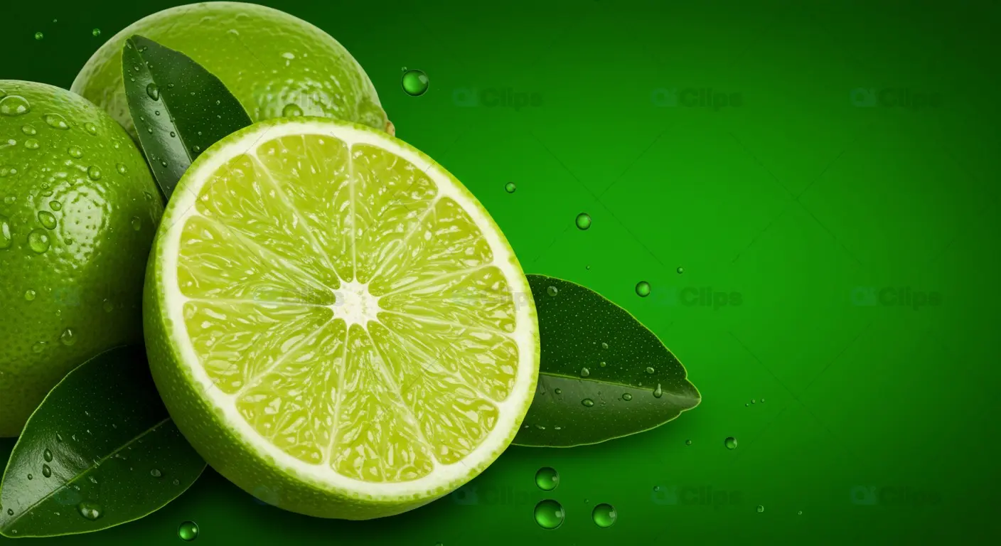 Fresh Lime Slice with Water Drops on Green Background