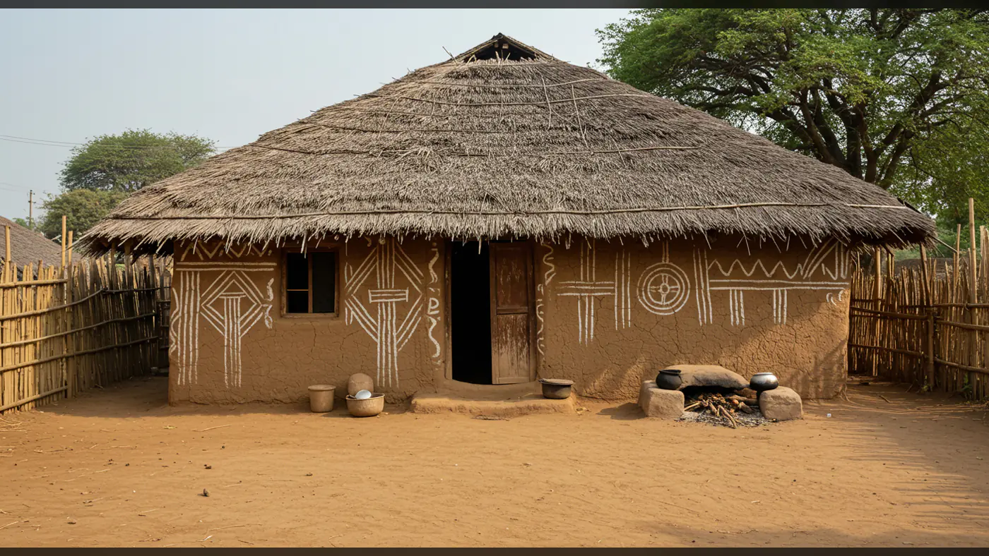 Rustic Indian Village Mud House with Tribal Wall Art and Thatch Roof