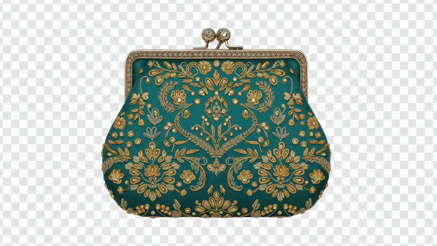 Teal Embroidered Indian Clutch PNG – Traditional Gold Zari Wedding Purse