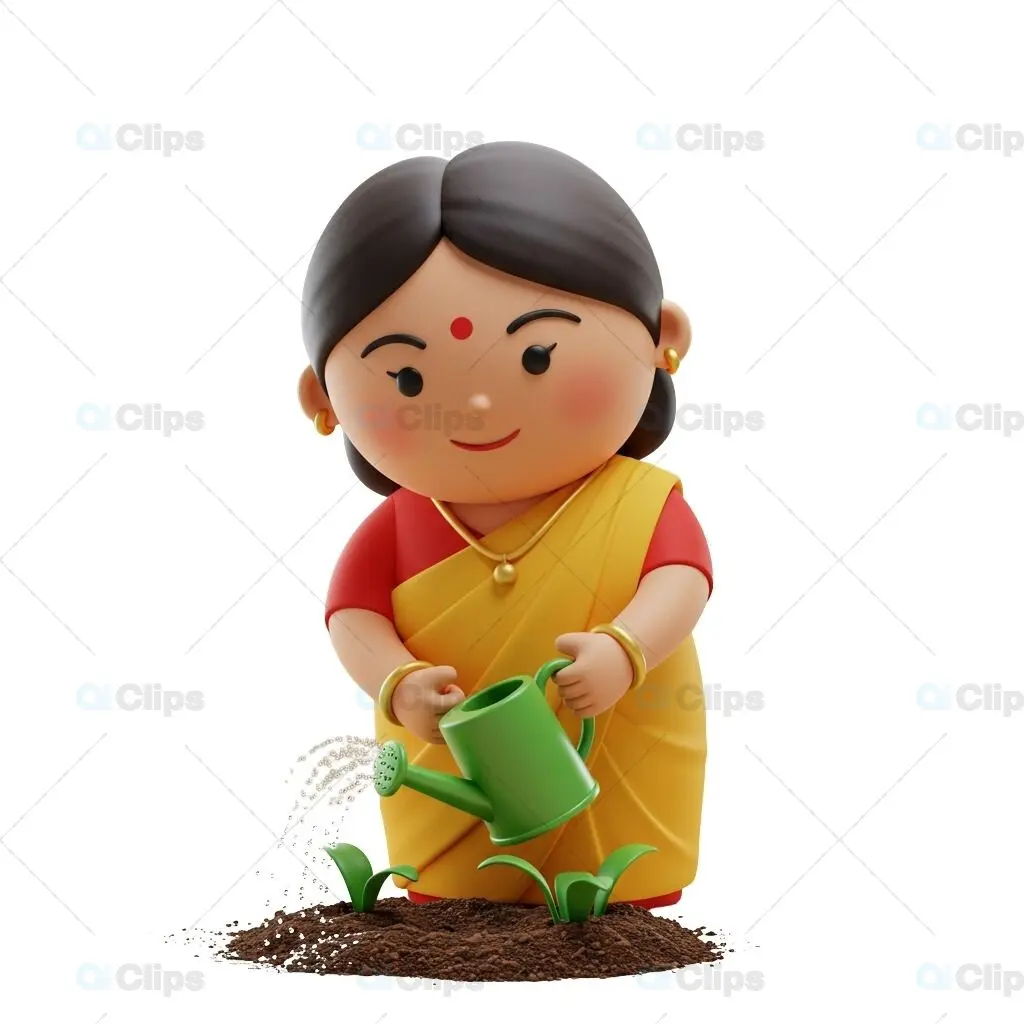 Indian Woman Watering Plants 3D Illustration