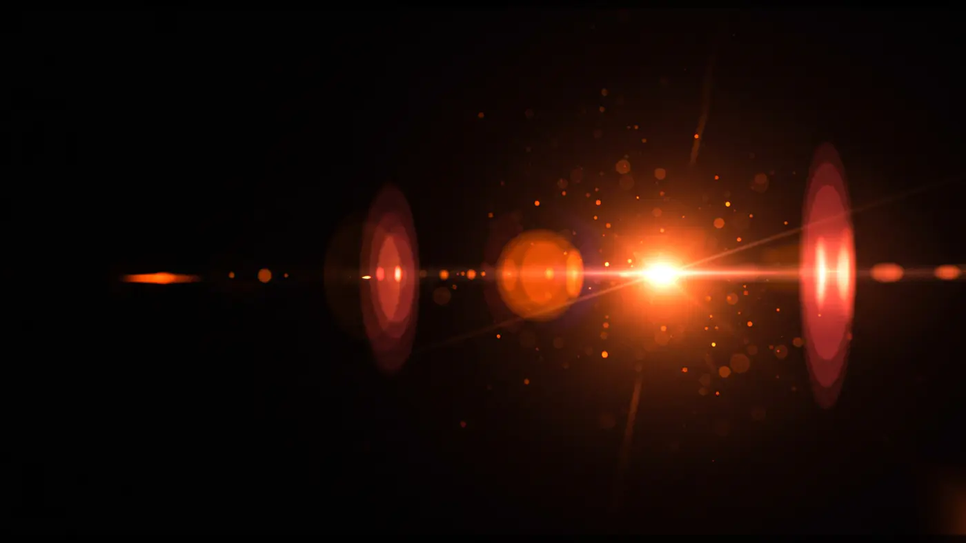 Fiery Red-Orange Lens Flare with Circular Orbs and Glow Particles
