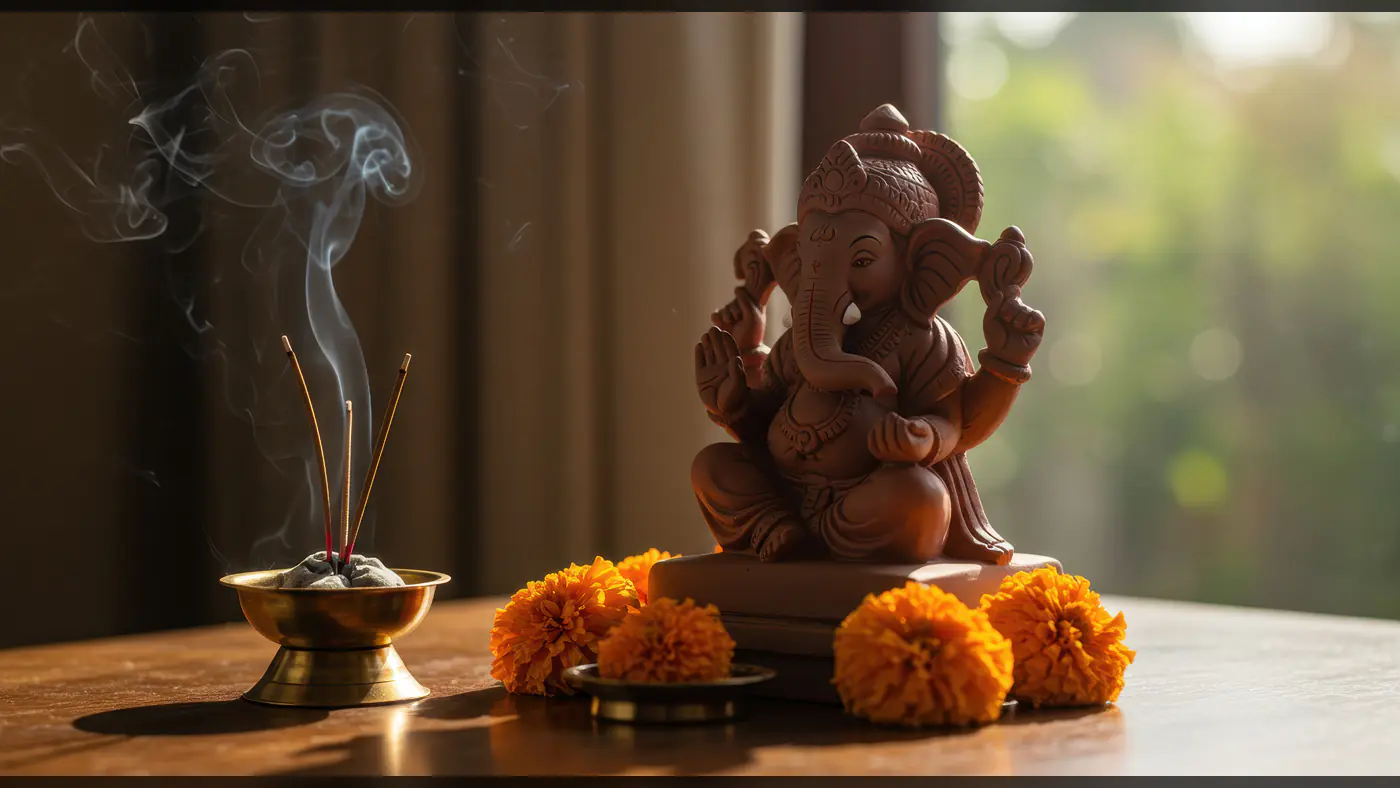 Lord Ganesha Idol with Incense and Marigold Flowers in Soft Morning Light