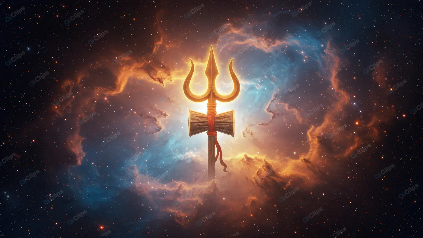 Divine Trishul with Damru Floating in Cosmic Nebula