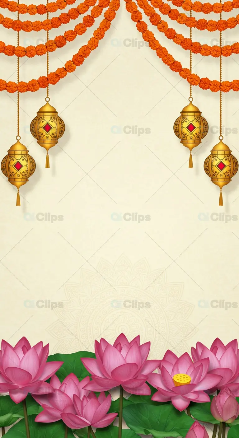 Diwali Festive Frame with Lanterns and Lotus Flowers