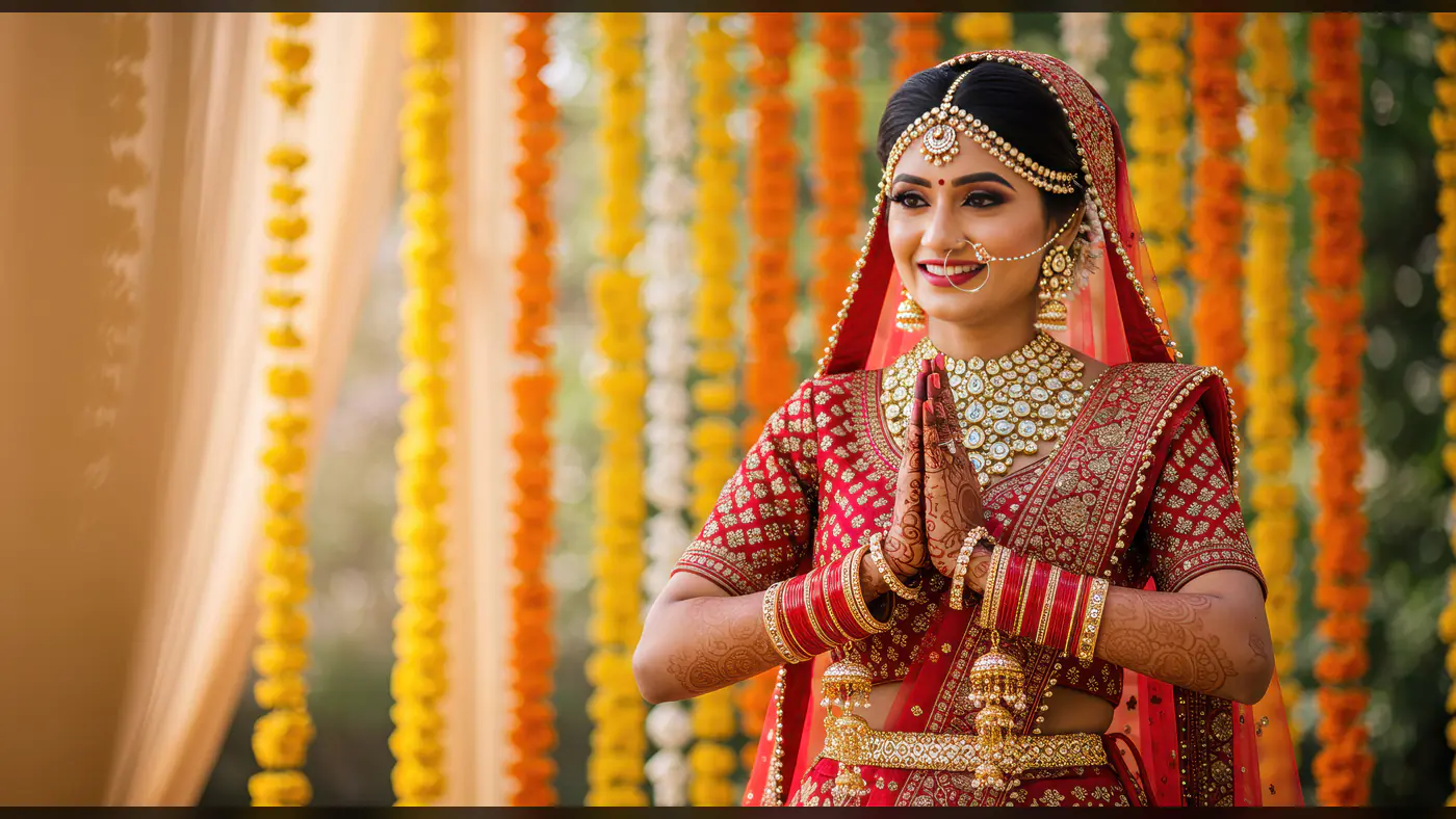 Smiling Indian Bride in Traditional Red Lehenga Doing Namaste