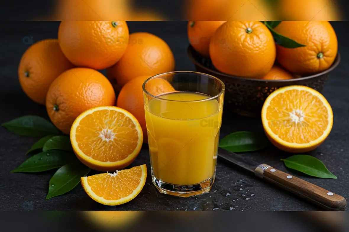 Fresh Orange Juice with Whole Oranges on Dark Surface