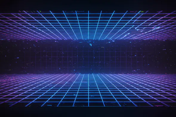 Digital Neon Grid Room with Blue-Purple Retro Aesthetic