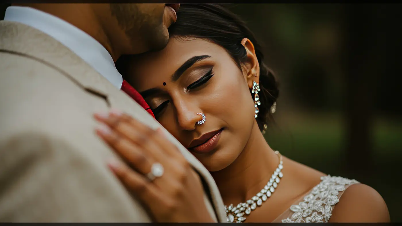 Romantic Indian Couple Portrait with Bride Resting on Groom’s Shoulder