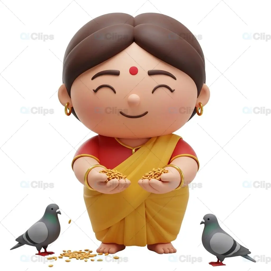 Traditional Indian Woman 3D Illustration Feeding Birds