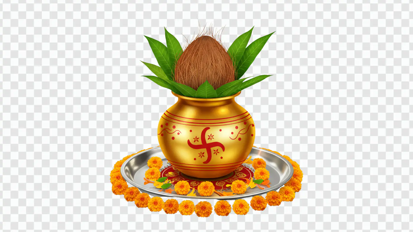 Kalash with Coconut PNG Clipart for Hindu Puja and Festival Designs