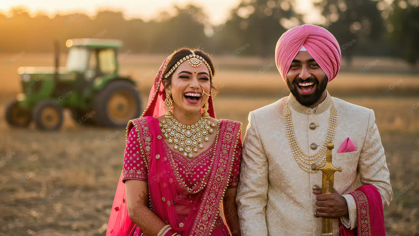 Joyful Punjabi Wedding Couple Laughing in Traditional Attire