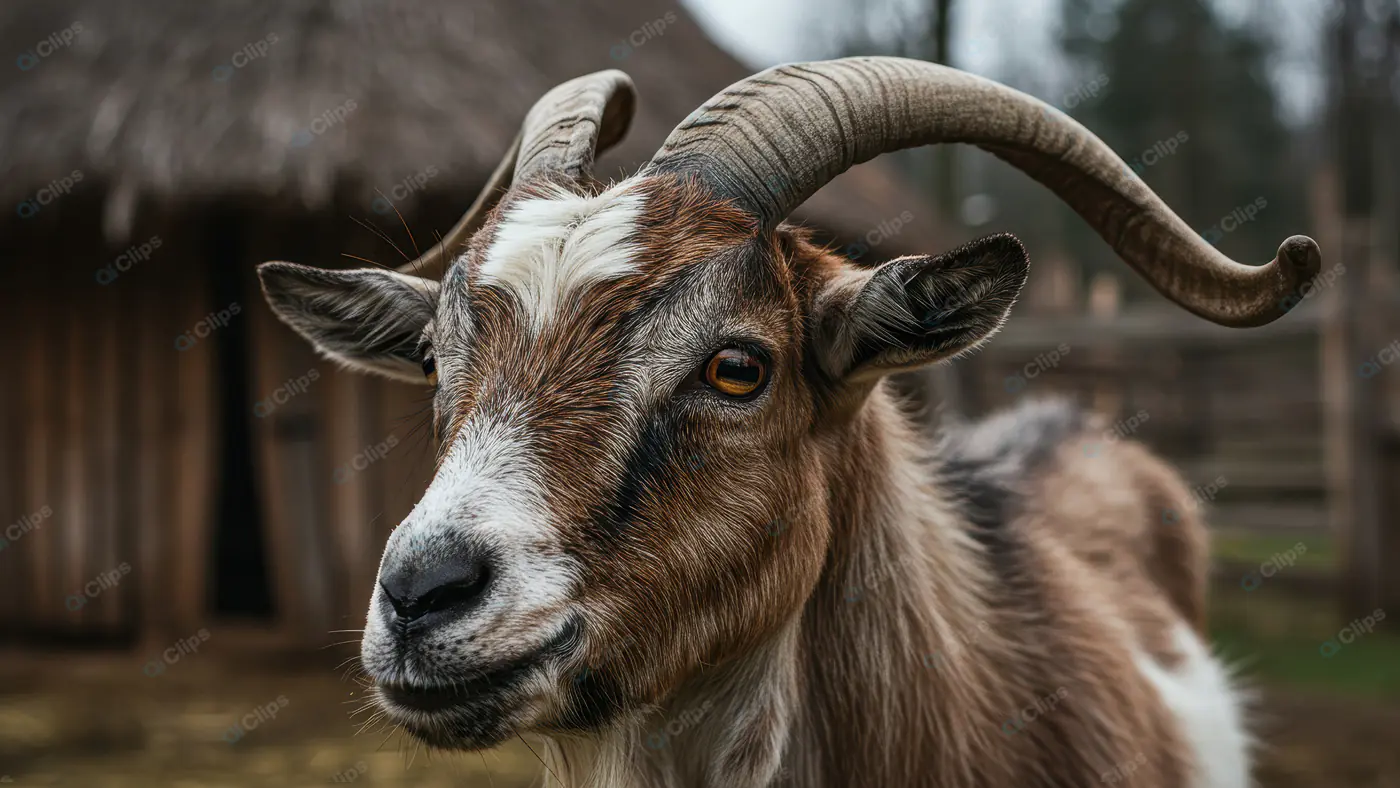 Close-Up Portrait of Horned Goat in Rustic Farm Setting