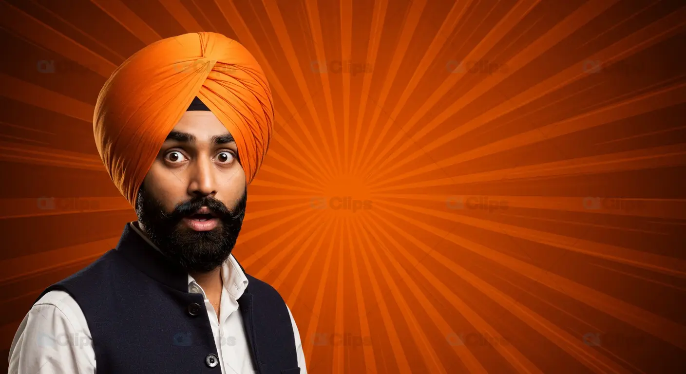 Surprised Sikh Man in Traditional Attire with Comic Burst Background