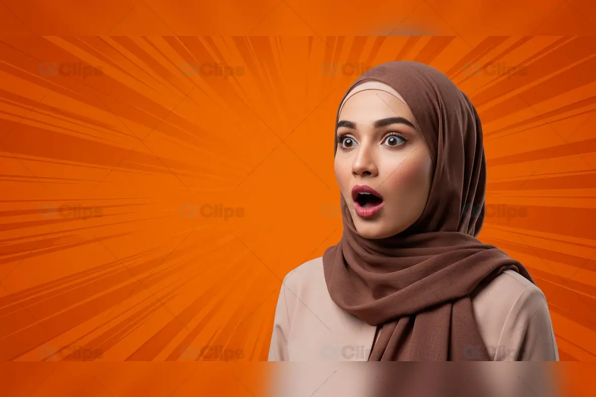 Surprised Woman in Hijab with Comic-Style Background