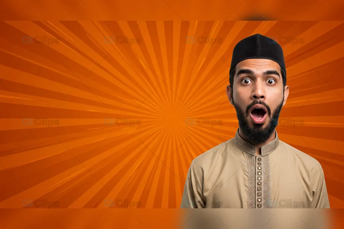 Surprised Man in Traditional Attire with Comic-Style Background
