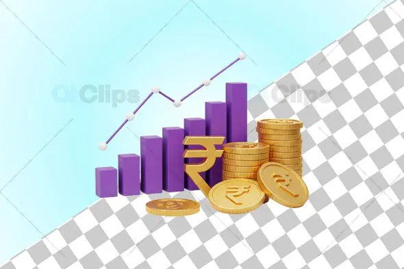 3D Financial Growth Illustration with Rupee Symbol and Bar Chart