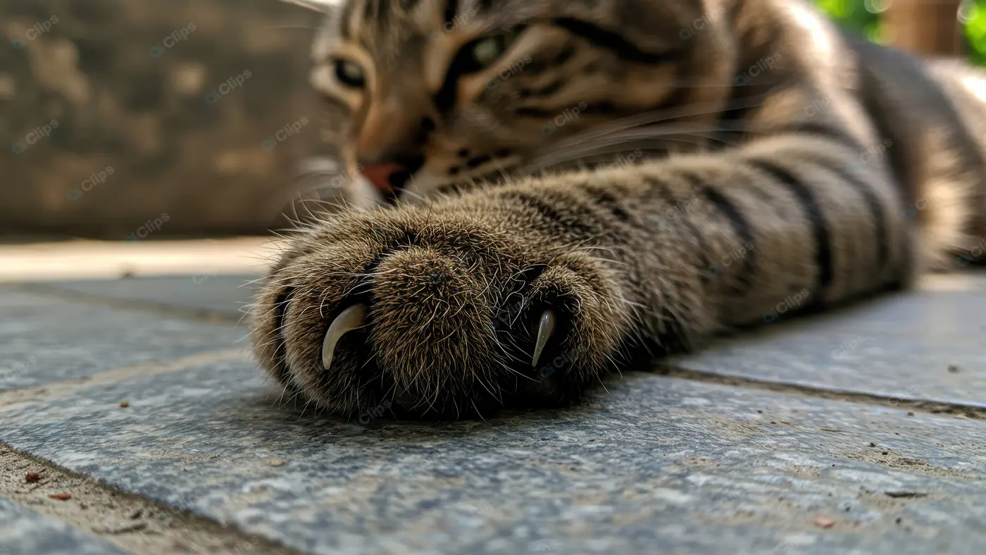 Close-Up of Cat Paw with Sharp Claws Extended on Tile Floor