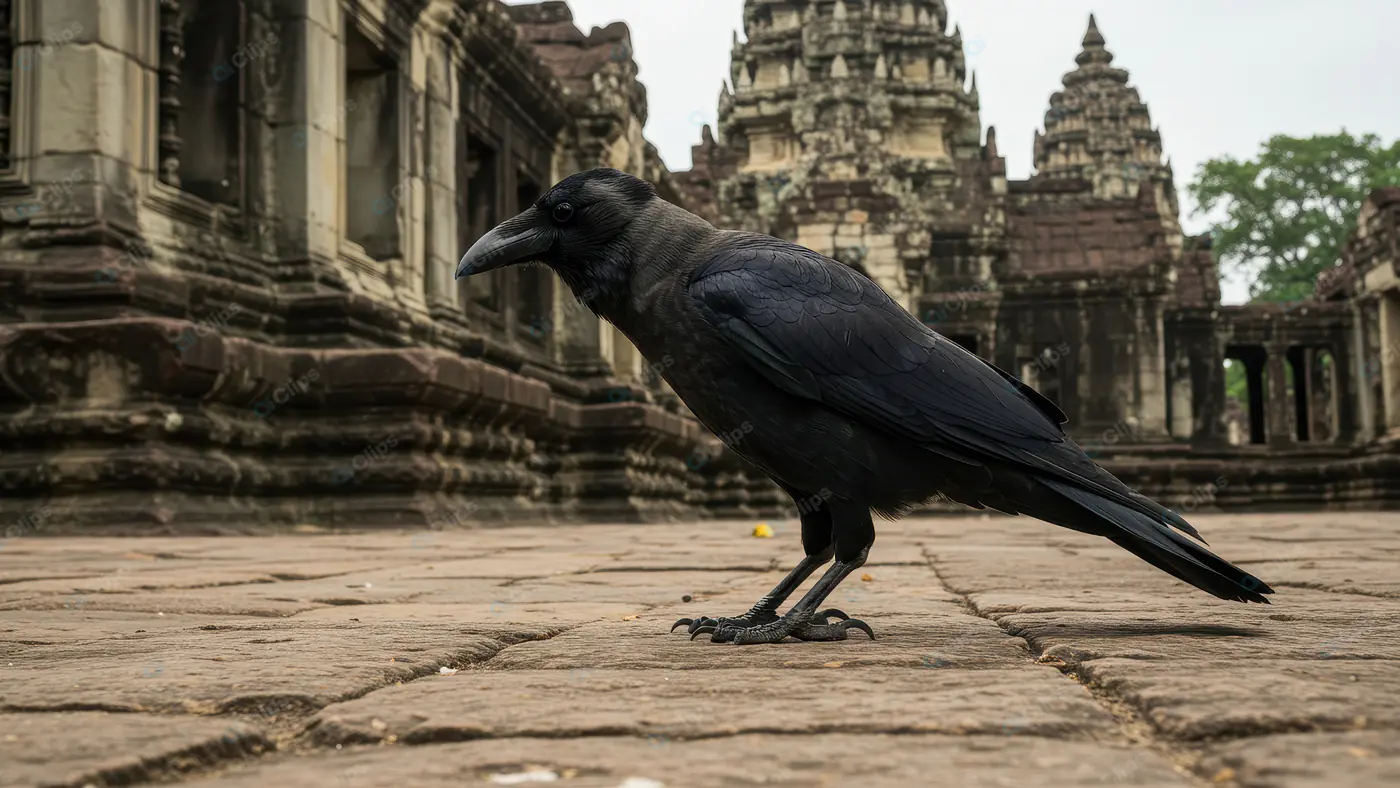 Indian Crow Standing on Stone Pavement Near Ancient Temple Architecture