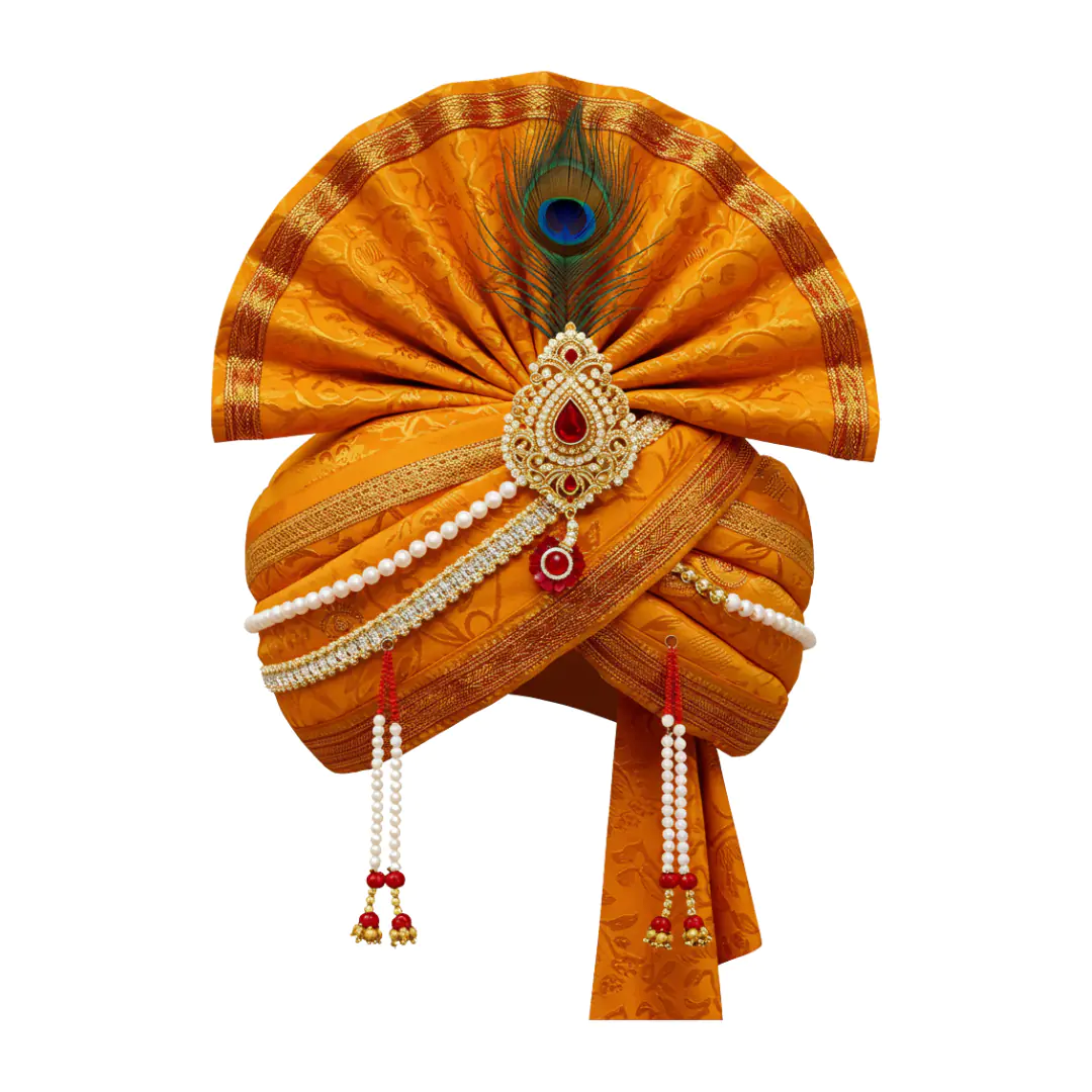 Traditional Indian Groom Pagdi PNG Clipart with Pearl Strings and Peacock Feather