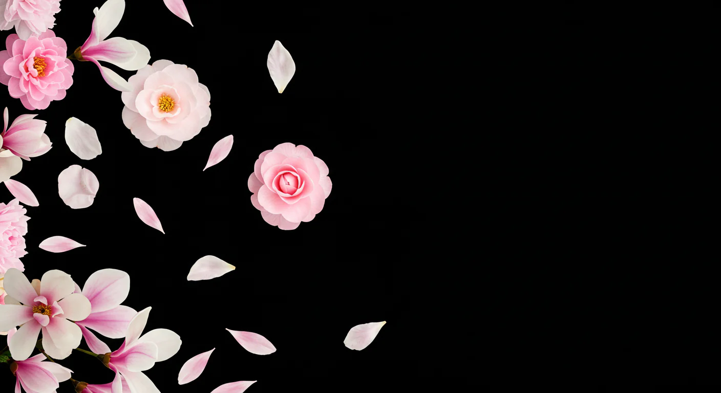 Elegant Pink Flowers and Petals Falling on Black Background