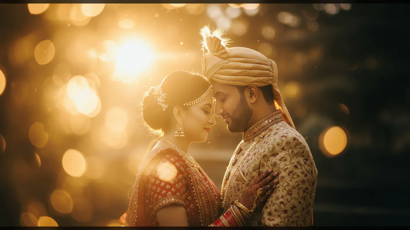 Romantic Indian Wedding Couple Embracing at Sunset with Golden Bokeh
