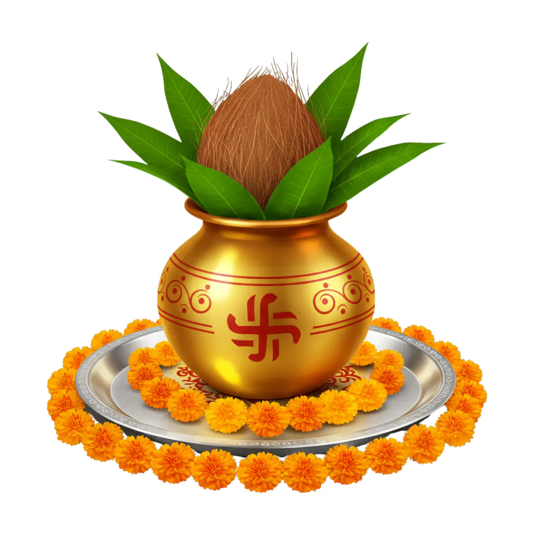 Kalash PNG with Coconut and Marigold for Puja, Wedding, and Festival Designs