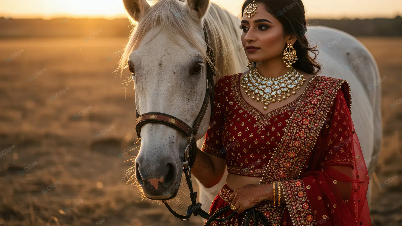 Elegant Indian Bride with White Horse in Golden Sunset Field
