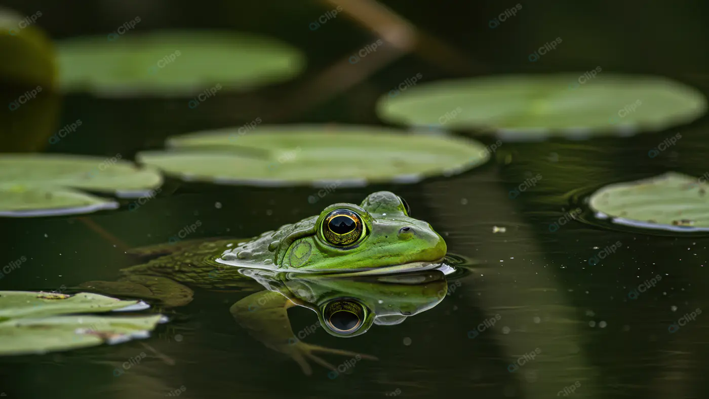 Green Frog Floating Amidst Lily Pads in Calm Pond