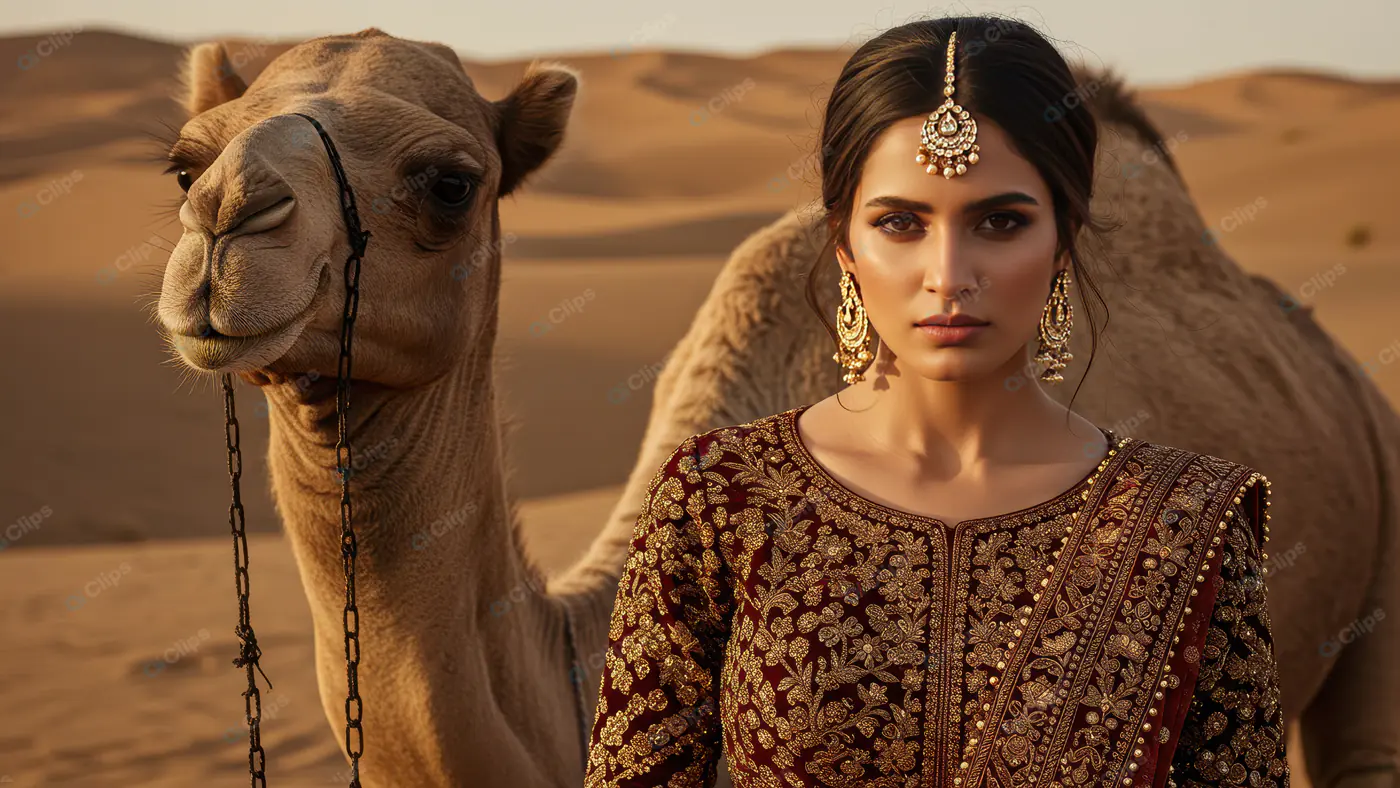 Elegant Indian Woman in Maroon Lehenga with Camel in Desert Setting