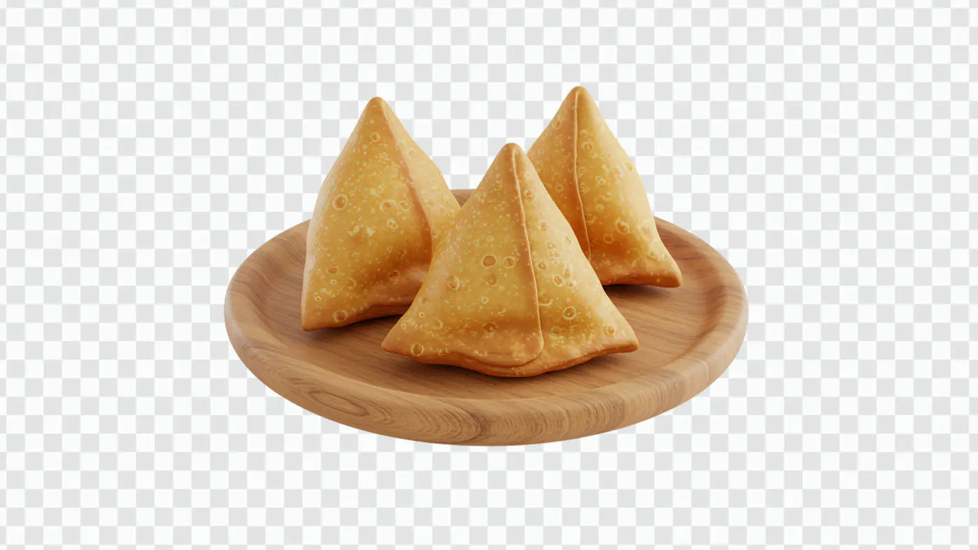 Indian Samosa PNG on Wooden Plate – Crispy Snack Icon
