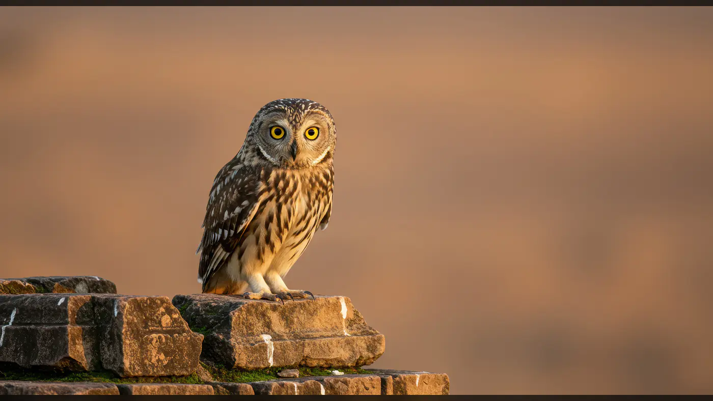 Wise Owl Sitting on Ancient Stone Ruins at Sunset