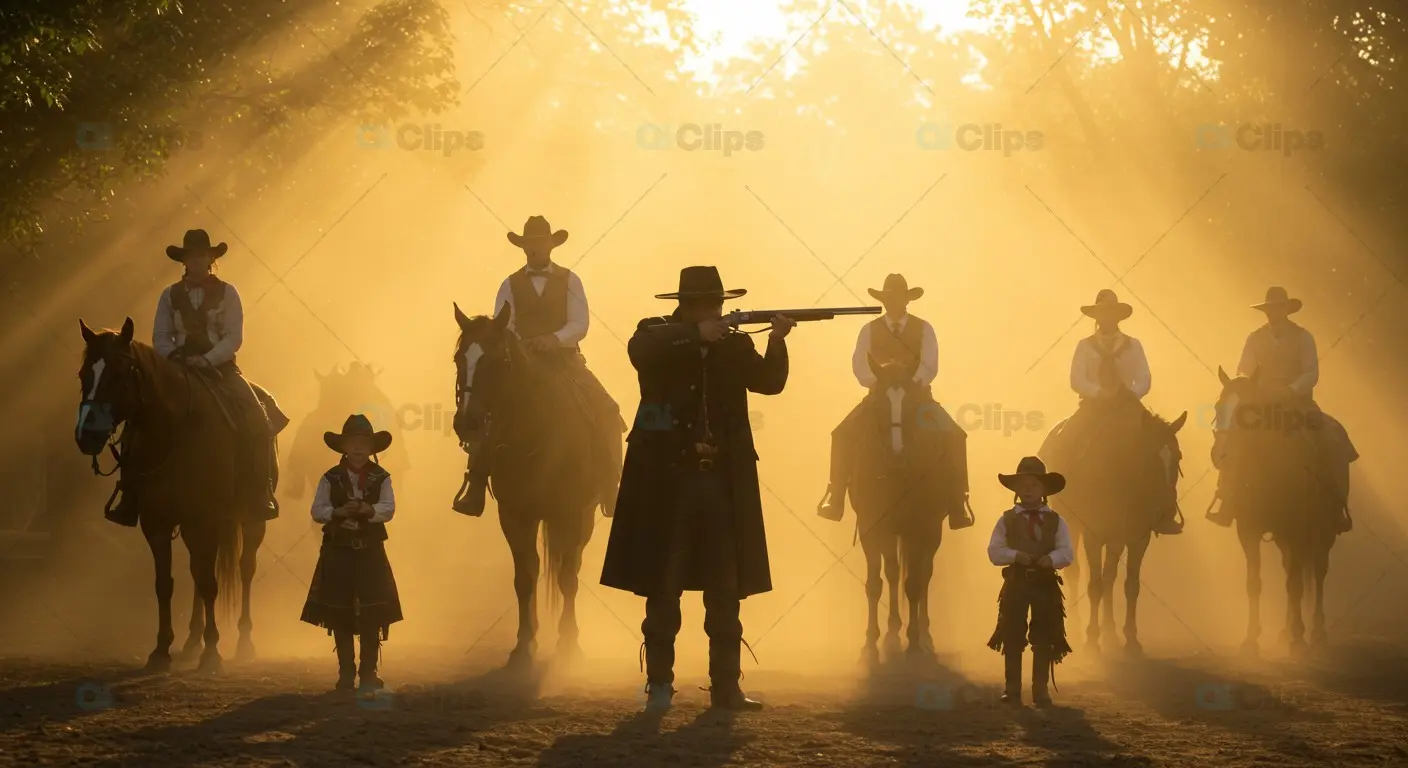 Silhouetted Cowboys in Golden Dust at Sunset
