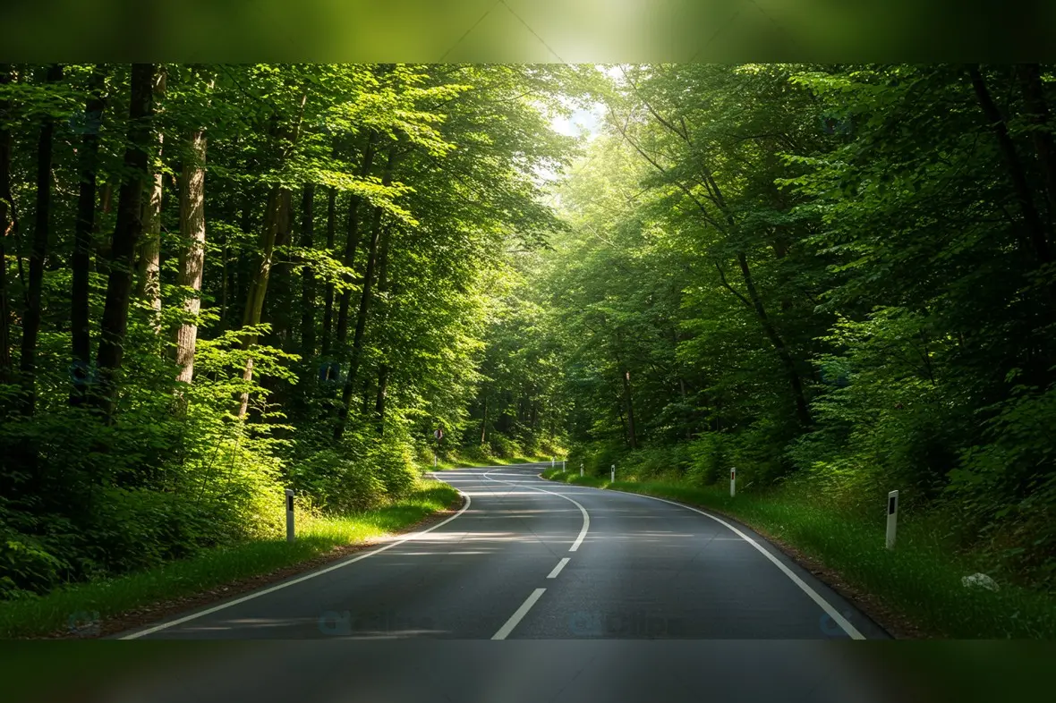 Sunlit Winding Forest Road Through Dense Green Woodland