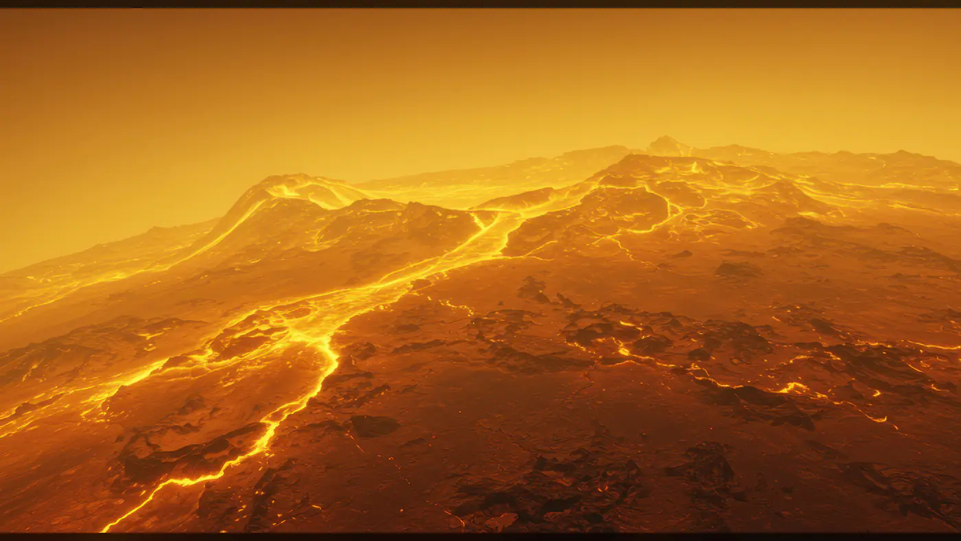Volcanic Terrain of Venus with Glowing Lava Flows