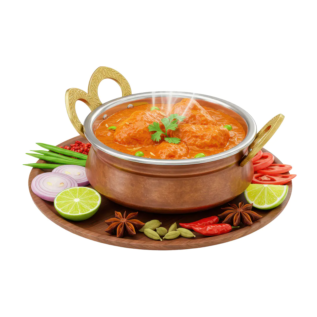 Indian Butter Chicken Curry PNG – Copper Bowl with Spices on Wooden Plate