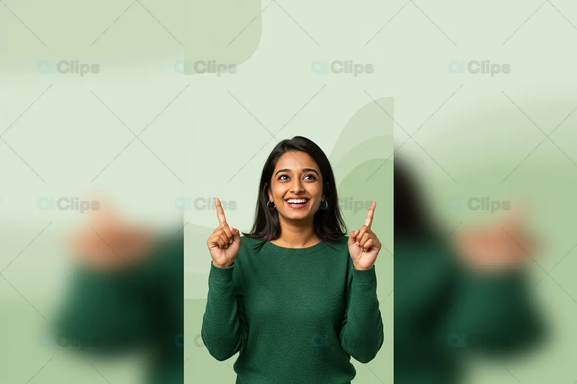 Happy Indian Woman Pointing Up with Green Background