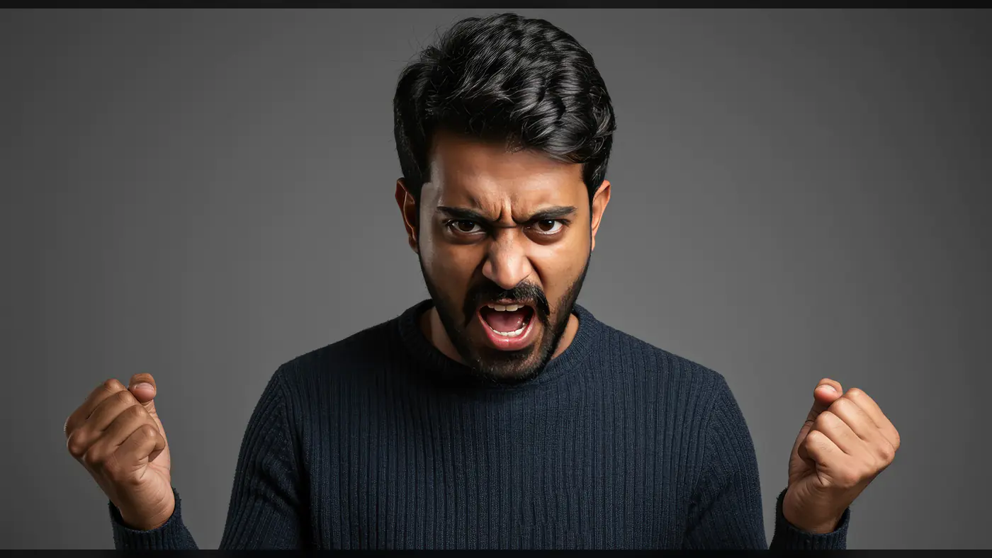 Angry Indian Man Screaming with Fists Clenched on Grey Background
