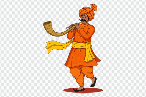 Indian Wedding Shehnai Player PNG Clipart in Orange Traditional Attire