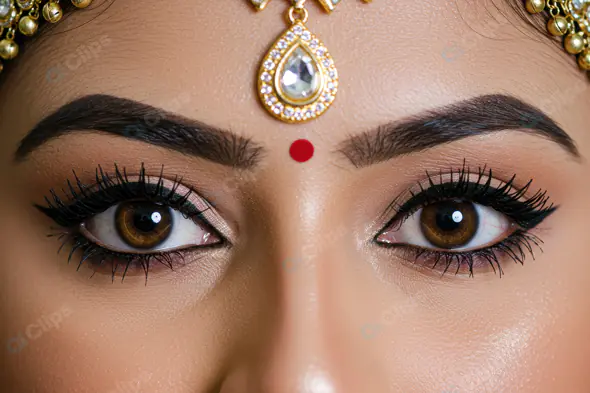 Close-Up Shot of Indian Bride's Eyes with Traditional Makeup and Jewelry