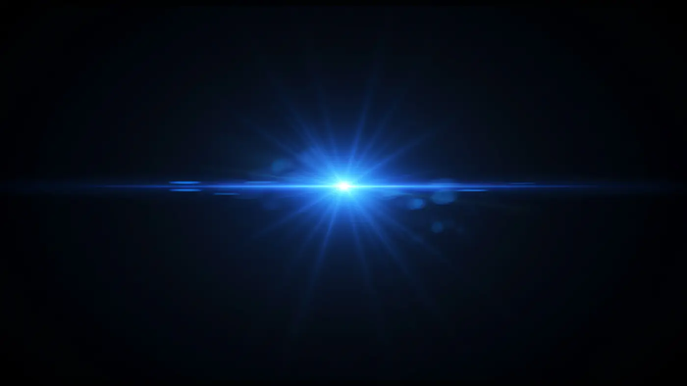 Horizontal Blue Light Flare with Lens Glow on Black Background