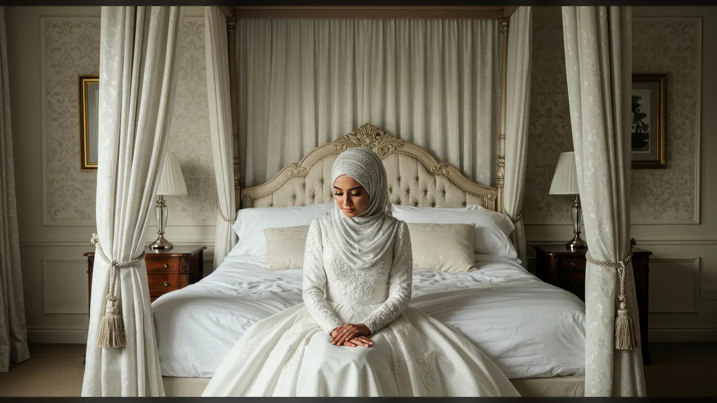 Elegant Muslim Bride in White Hijab Sitting Gracefully on Bed in Luxurious Room