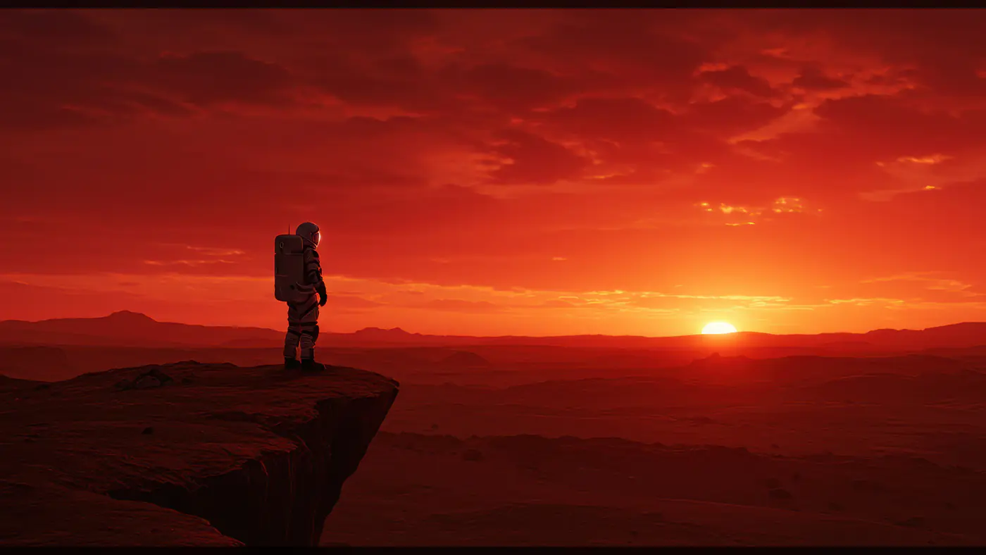 Astronaut Watching Alien Sunset from Cliff Edge