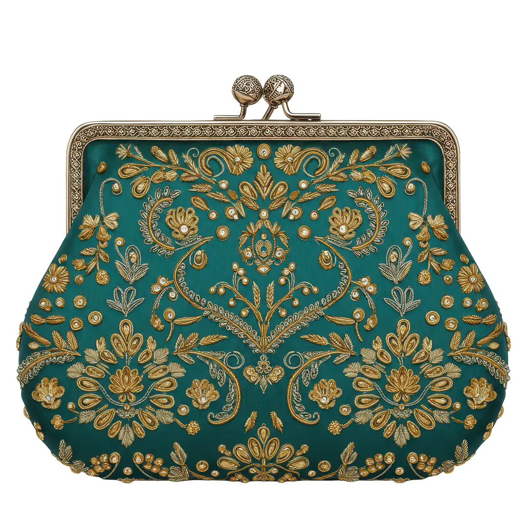 Teal Embroidered Indian Clutch PNG – Traditional Gold Zari Wedding Purse